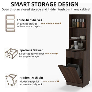English Elm Tall Fluted Walnut Cabinet with Hidden Bin Compartment Open Shelf and Drawer W2557P492718