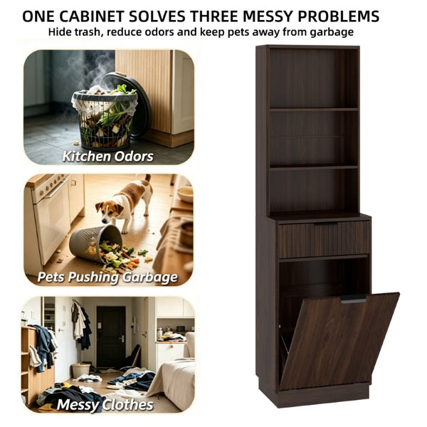 English Elm Tall Fluted Walnut Cabinet with Hidden Bin Compartment Open Shelf and Drawer W2557P492718