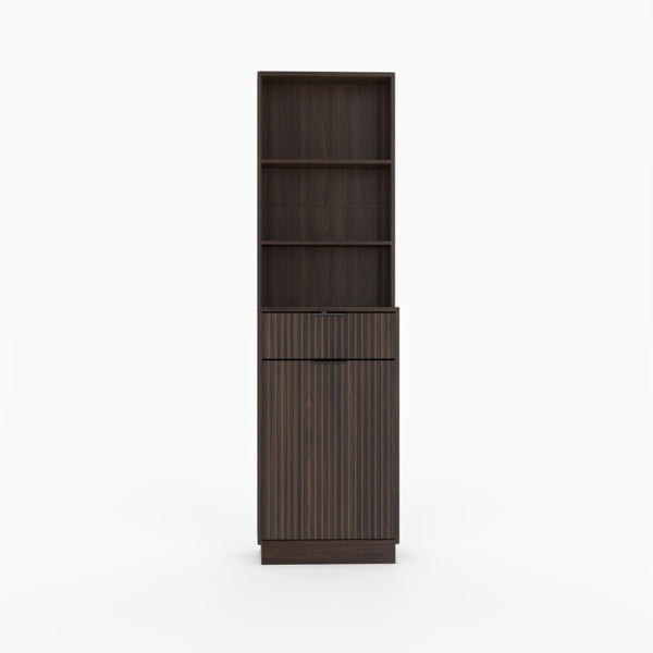 English Elm Tall Fluted Walnut Cabinet with Hidden Bin Compartment Open Shelf and Drawer W2557P492718
