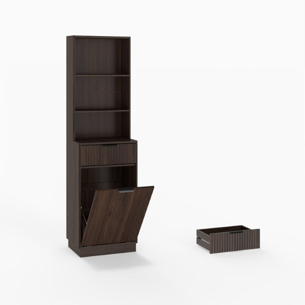 English Elm Tall Fluted Walnut Cabinet with Hidden Bin Compartment Open Shelf and Drawer W2557P492718