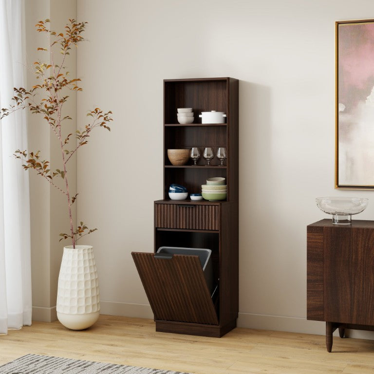 English Elm Tall Fluted Walnut Cabinet with Hidden Bin Compartment Open Shelf and Drawer W2557P492718