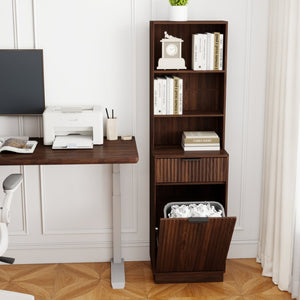English Elm Tall Fluted Walnut Cabinet with Hidden Bin Compartment Open Shelf and Drawer W2557P492718
