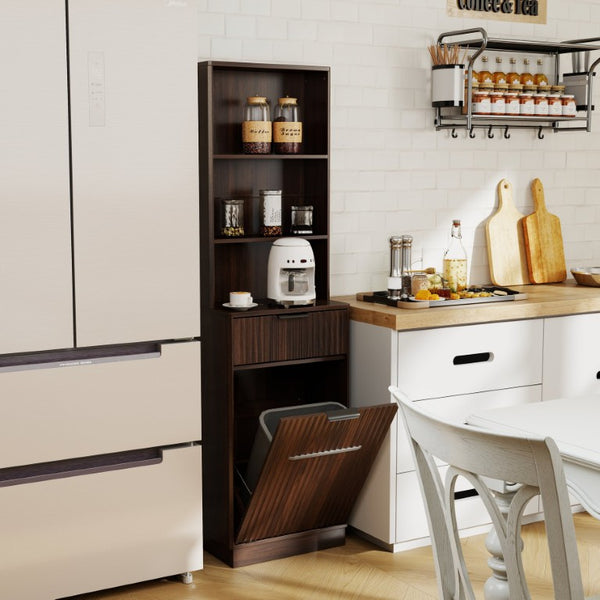 English Elm Tall Fluted Walnut Cabinet with Hidden Bin Compartment Open Shelf and Drawer W2557P492718