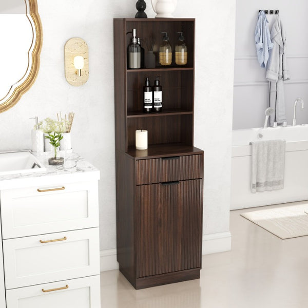 English Elm Tall Fluted Walnut Cabinet with Hidden Bin Compartment Open Shelf and Drawer W2557P492718