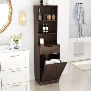 English Elm Tall Fluted Walnut Cabinet with Hidden Bin Compartment Open Shelf and Drawer W2557P492718