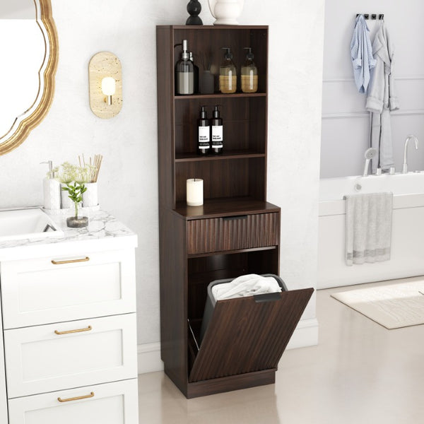 English Elm Tall Fluted Walnut Cabinet with Hidden Bin Compartment Open Shelf and Drawer W2557P492718
