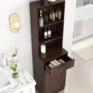 English Elm Tall Fluted Walnut Cabinet with Hidden Bin Compartment Open Shelf and Drawer W2557P492718