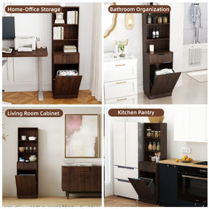 English Elm Tall Fluted Walnut Cabinet with Hidden Bin Compartment Open Shelf and Drawer W2557P492718