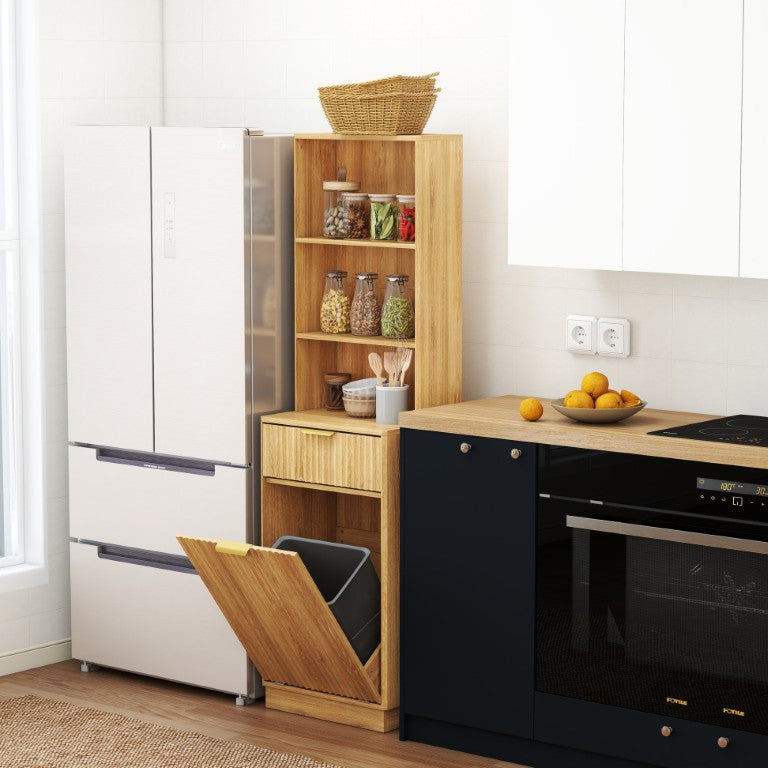 English Elm Tall Fluted Freestanding Cabinet with Hidden Bin Compartment Open Shelves and Drawer Oak W2557P492719