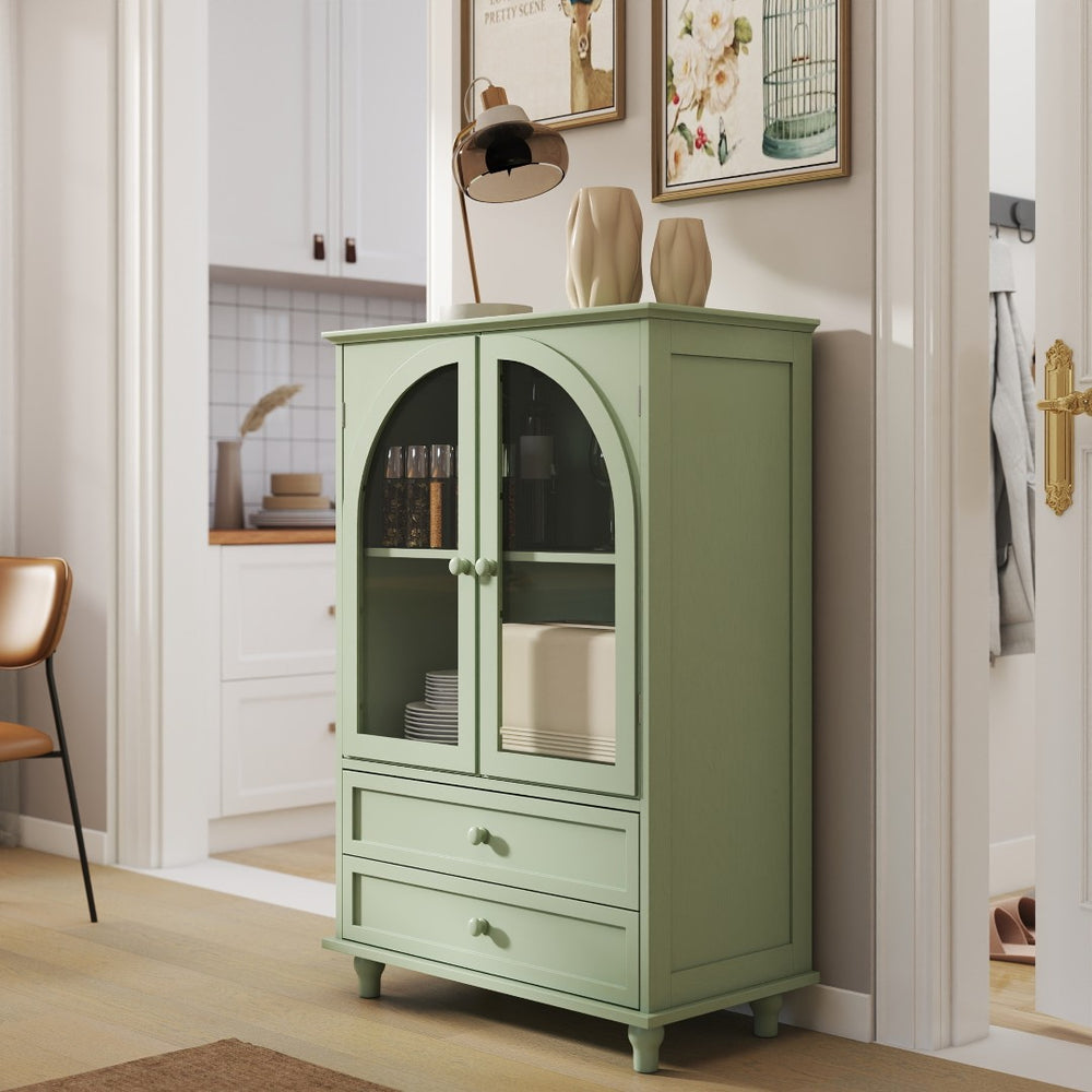 English Elm Mint Green Farmhouse Buffet Sideboard with Arched Glass Door and Tiered Display Top W2557P502269