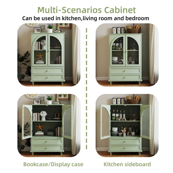 English Elm Mint Green Farmhouse Buffet Sideboard with Arched Glass Door and Tiered Display Top W2557P502269