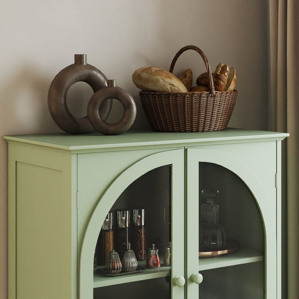 English Elm Mint Green Farmhouse Buffet Sideboard with Arched Glass Door and Tiered Display Top W2557P502269