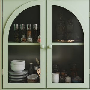 English Elm Mint Green Farmhouse Buffet Sideboard with Arched Glass Door and Tiered Display Top W2557P502269