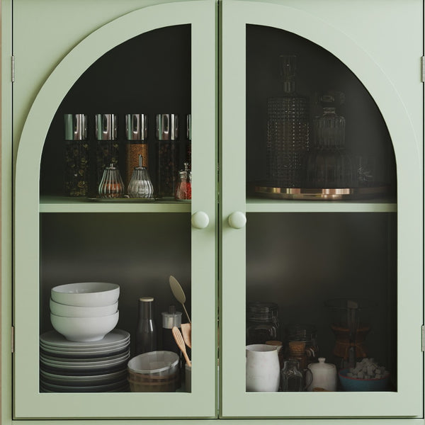 English Elm Mint Green Farmhouse Buffet Sideboard with Arched Glass Door and Tiered Display Top W2557P502269
