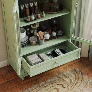 English Elm Mint Green Farmhouse Buffet Sideboard with Arched Glass Door and Tiered Display Top W2557P502269