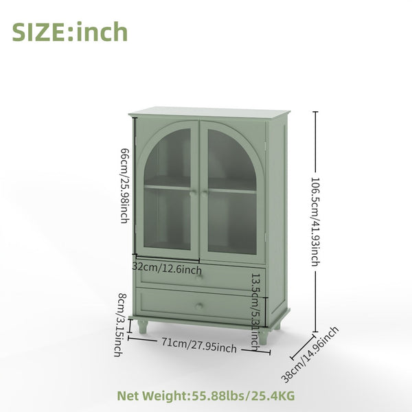 English Elm Mint Green Farmhouse Buffet Sideboard with Arched Glass Door and Tiered Display Top W2557P502269
