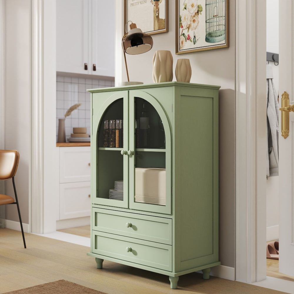 English Elm Mint Green Farmhouse Buffet Sideboard with Arched Glass Door and Tiered Display Top W2557P502269