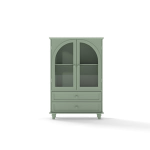 English Elm Mint Green Farmhouse Buffet Sideboard with Arched Glass Door and Tiered Display Top W2557P502269