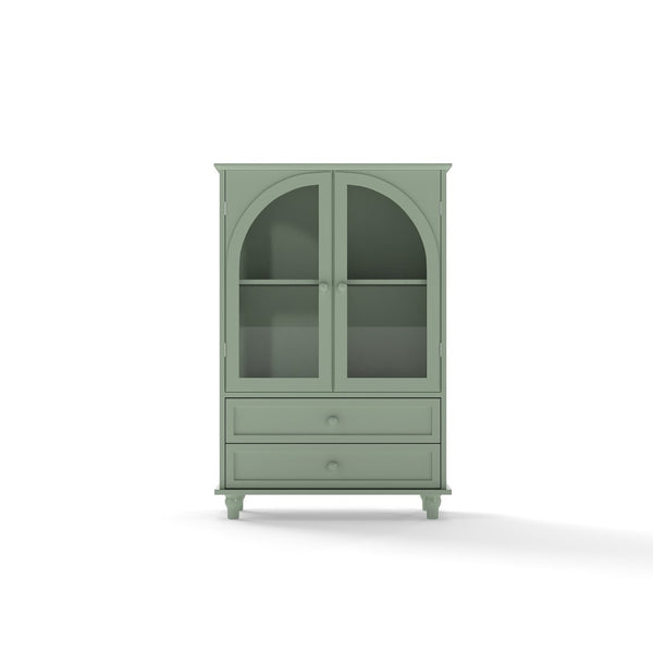 English Elm Mint Green Farmhouse Buffet Sideboard with Arched Glass Door and Tiered Display Top W2557P502269