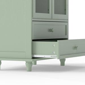 English Elm Mint Green Farmhouse Buffet Sideboard with Arched Glass Door and Tiered Display Top W2557P502269
