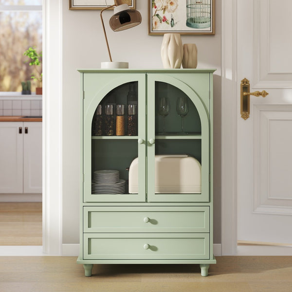 English Elm Mint Green Farmhouse Buffet Sideboard with Arched Glass Door and Tiered Display Top W2557P502269