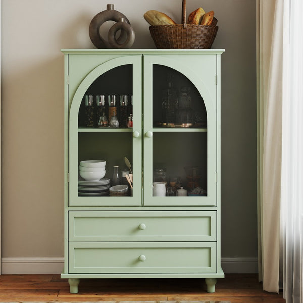 English Elm Mint Green Farmhouse Buffet Sideboard with Arched Glass Door and Tiered Display Top W2557P502269