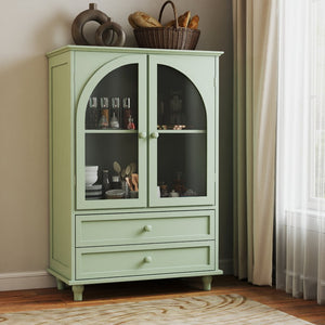 English Elm Mint Green Farmhouse Buffet Sideboard with Arched Glass Door and Tiered Display Top W2557P502269