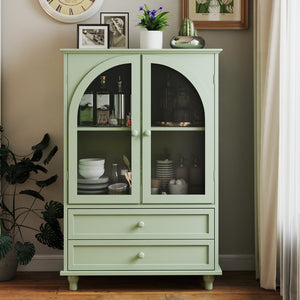 English Elm Mint Green Farmhouse Buffet Sideboard with Arched Glass Door and Tiered Display Top W2557P502269