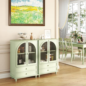 English Elm Mint Green Farmhouse Buffet Sideboard with Arched Glass Door and Tiered Display Top W2557P502269