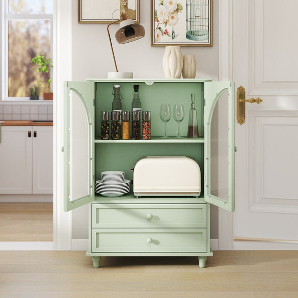English Elm Mint Green Farmhouse Buffet Sideboard with Arched Glass Door and Tiered Display Top W2557P502269
