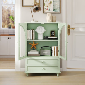 English Elm Mint Green Farmhouse Buffet Sideboard with Arched Glass Door and Tiered Display Top W2557P502269