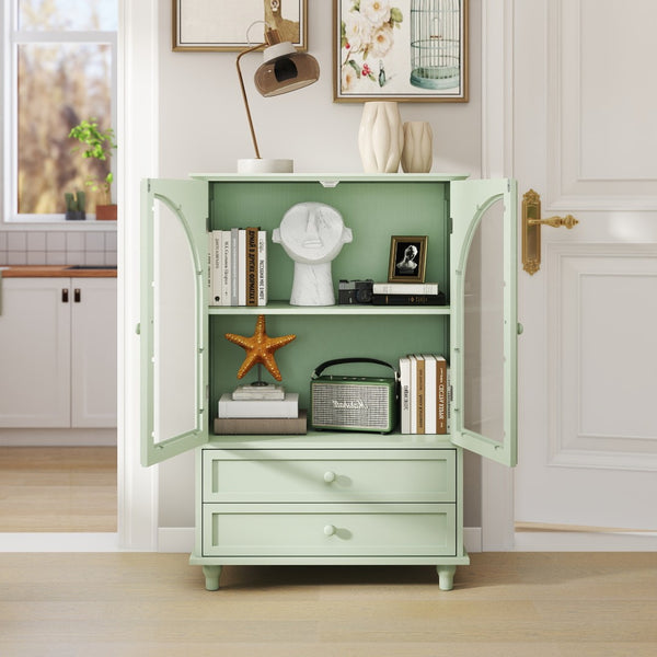 English Elm Mint Green Farmhouse Buffet Sideboard with Arched Glass Door and Tiered Display Top W2557P502269