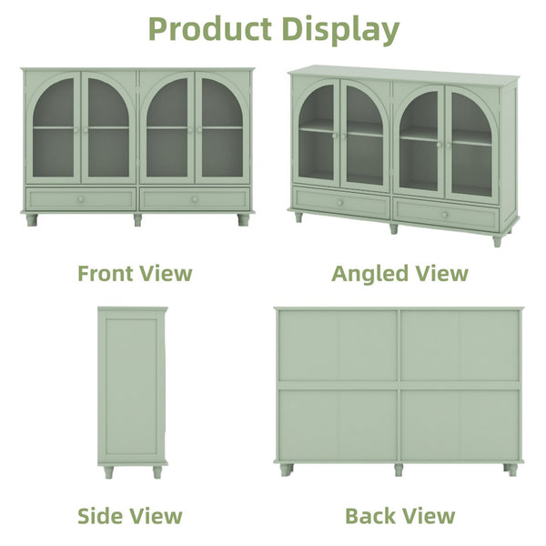 English Elm Green Mint Arched Tempered Glass Credenza with Drawers French Country Dining Storage W2557P502337
