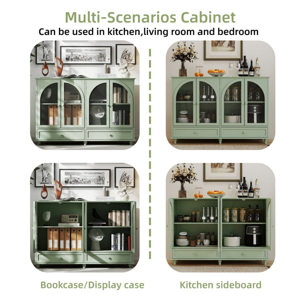 English Elm Green Mint Arched Tempered Glass Credenza with Drawers French Country Dining Storage W2557P502337