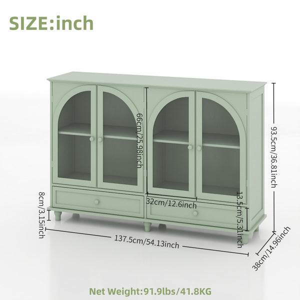 English Elm Green Mint Arched Tempered Glass Credenza with Drawers French Country Dining Storage W2557P502337