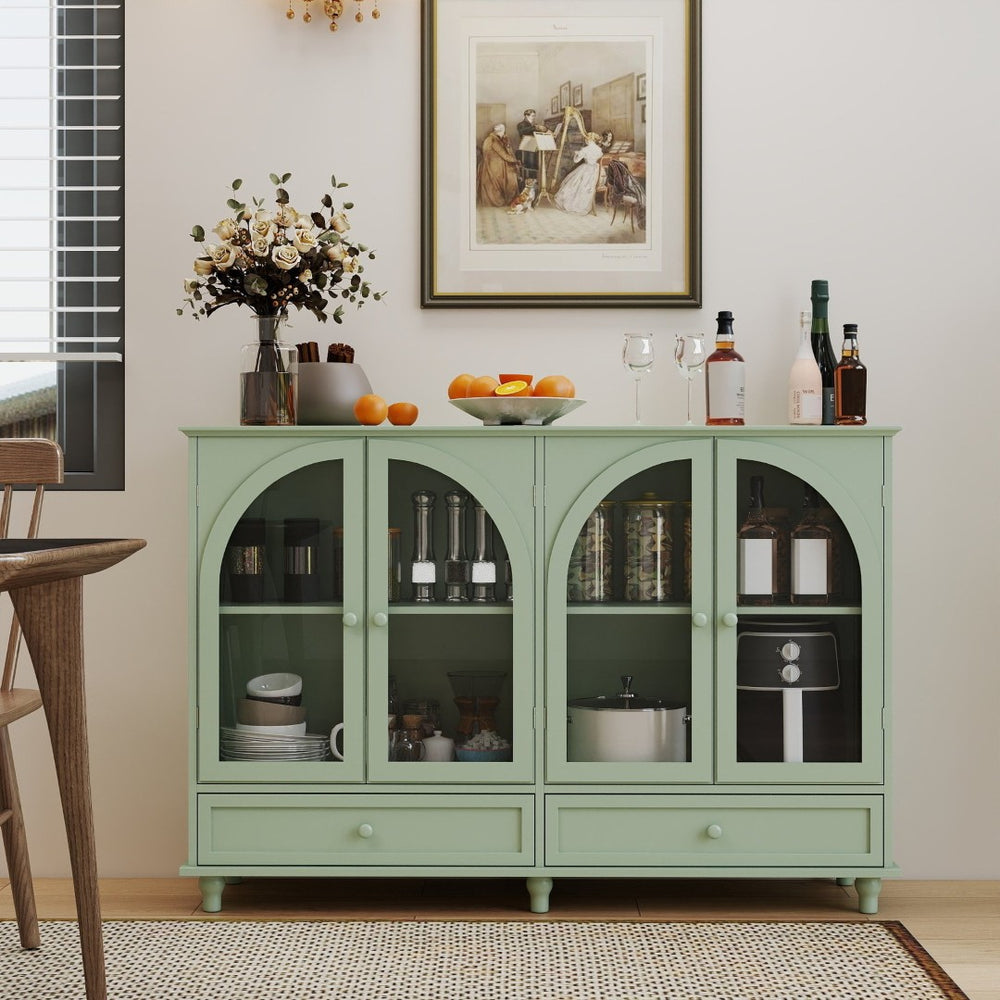 English Elm Green Mint Arched Tempered Glass Credenza with Drawers French Country Dining Storage W2557P502337