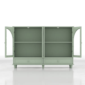 English Elm Green Mint Arched Tempered Glass Credenza with Drawers French Country Dining Storage W2557P502337