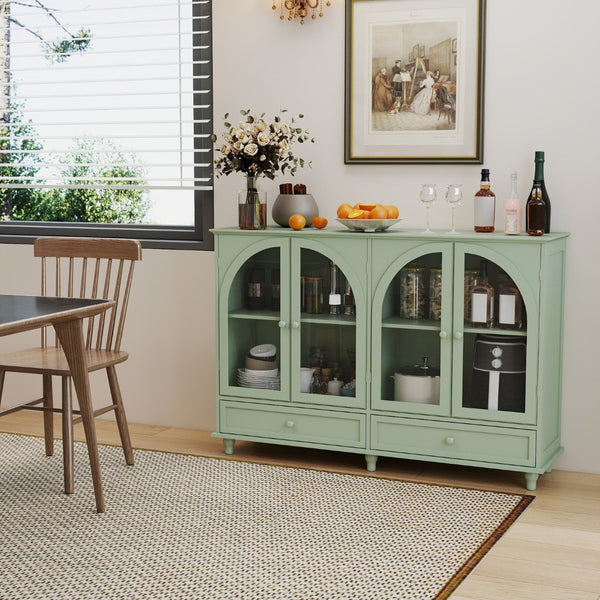 English Elm Green Mint Arched Tempered Glass Credenza with Drawers French Country Dining Storage W2557P502337