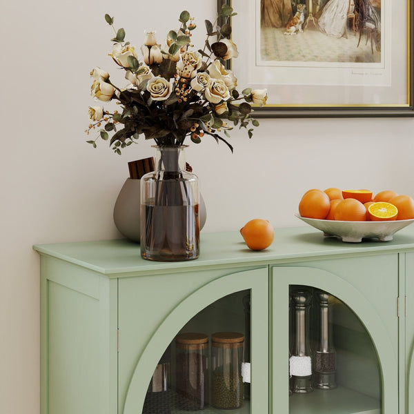 English Elm Green Mint Arched Tempered Glass Credenza with Drawers French Country Dining Storage W2557P502337