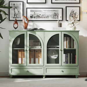 English Elm Green Mint Arched Tempered Glass Credenza with Drawers French Country Dining Storage W2557P502337