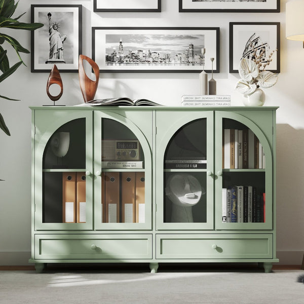 English Elm Green Mint Arched Tempered Glass Credenza with Drawers French Country Dining Storage W2557P502337