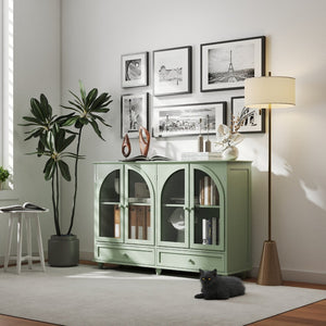 English Elm Green Mint Arched Tempered Glass Credenza with Drawers French Country Dining Storage W2557P502337