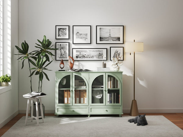 English Elm Green Mint Arched Tempered Glass Credenza with Drawers French Country Dining Storage W2557P502337