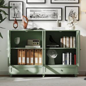 English Elm Green Mint Arched Tempered Glass Credenza with Drawers French Country Dining Storage W2557P502337