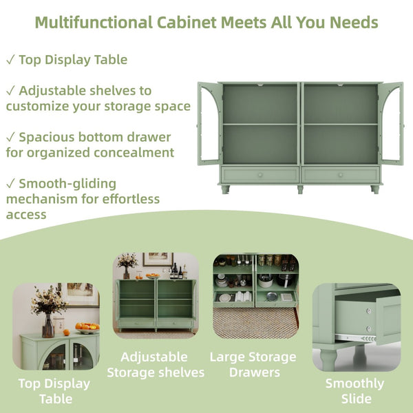English Elm Green Mint Arched Tempered Glass Credenza with Drawers French Country Dining Storage W2557P502337