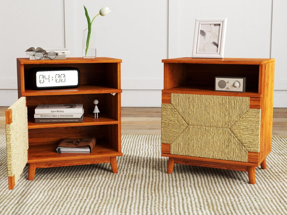 English Elm 2-Pack Mid-Century Boho Nightstands Woven Door Push Open Tapered Leg Bedroom Set Brown W2557P515120