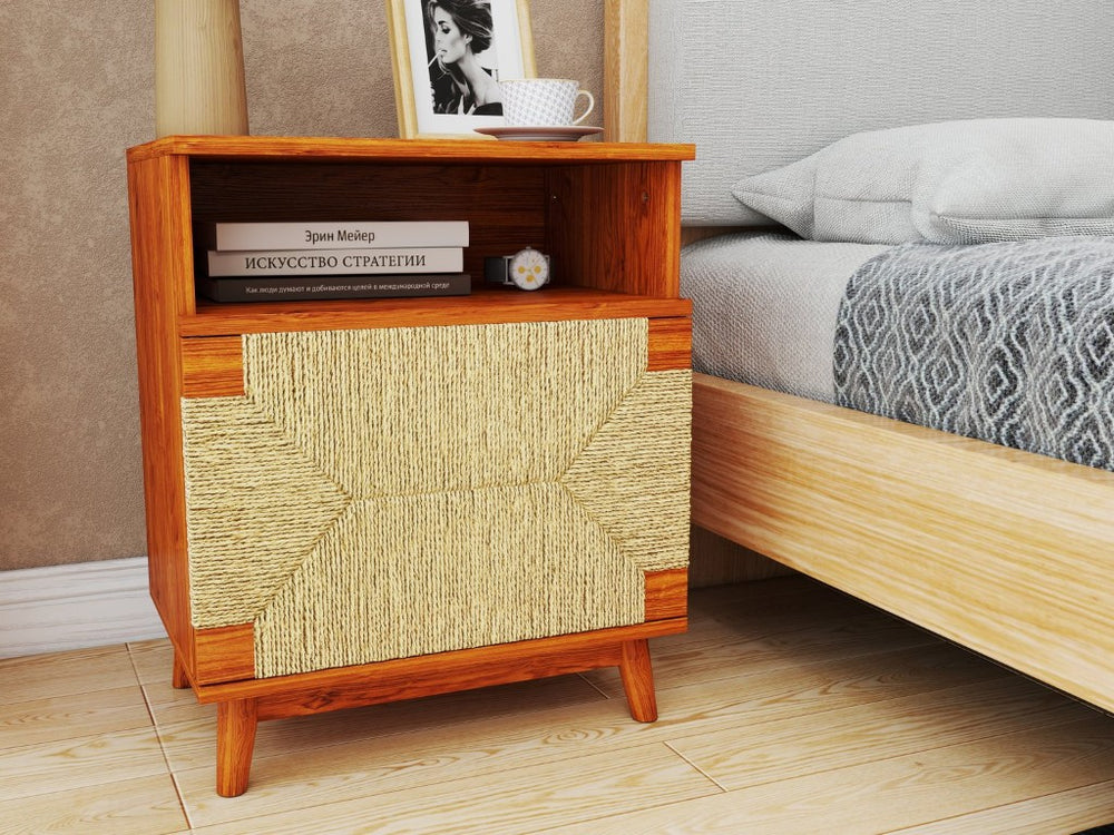 English Elm 2-Pack Mid-Century Boho Nightstands Woven Door Push Open Tapered Leg Bedroom Set Brown W2557P515120