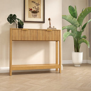 English Elm Mid-Century Fluted Oak Console Table with Drawers Open Shelf Slim Entryway Accent W2557P515569