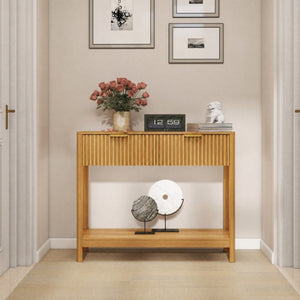 English Elm Mid-Century Fluted Oak Console Table with Drawers Open Shelf Slim Entryway Accent W2557P515569
