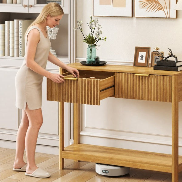 English Elm Mid-Century Fluted Oak Console Table with Drawers Open Shelf Slim Entryway Accent W2557P515569